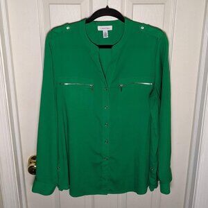 Calvin Klein Emerald Green Utility Blouse | Zip Pocket Roll Tab Sleeve Top Sz L